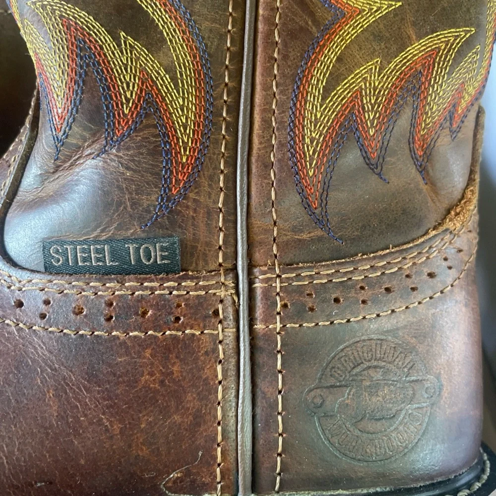 Justin Boots Brown Leather Western Work Boots with Red & Yellow Embroidery - Picture 4 of 9